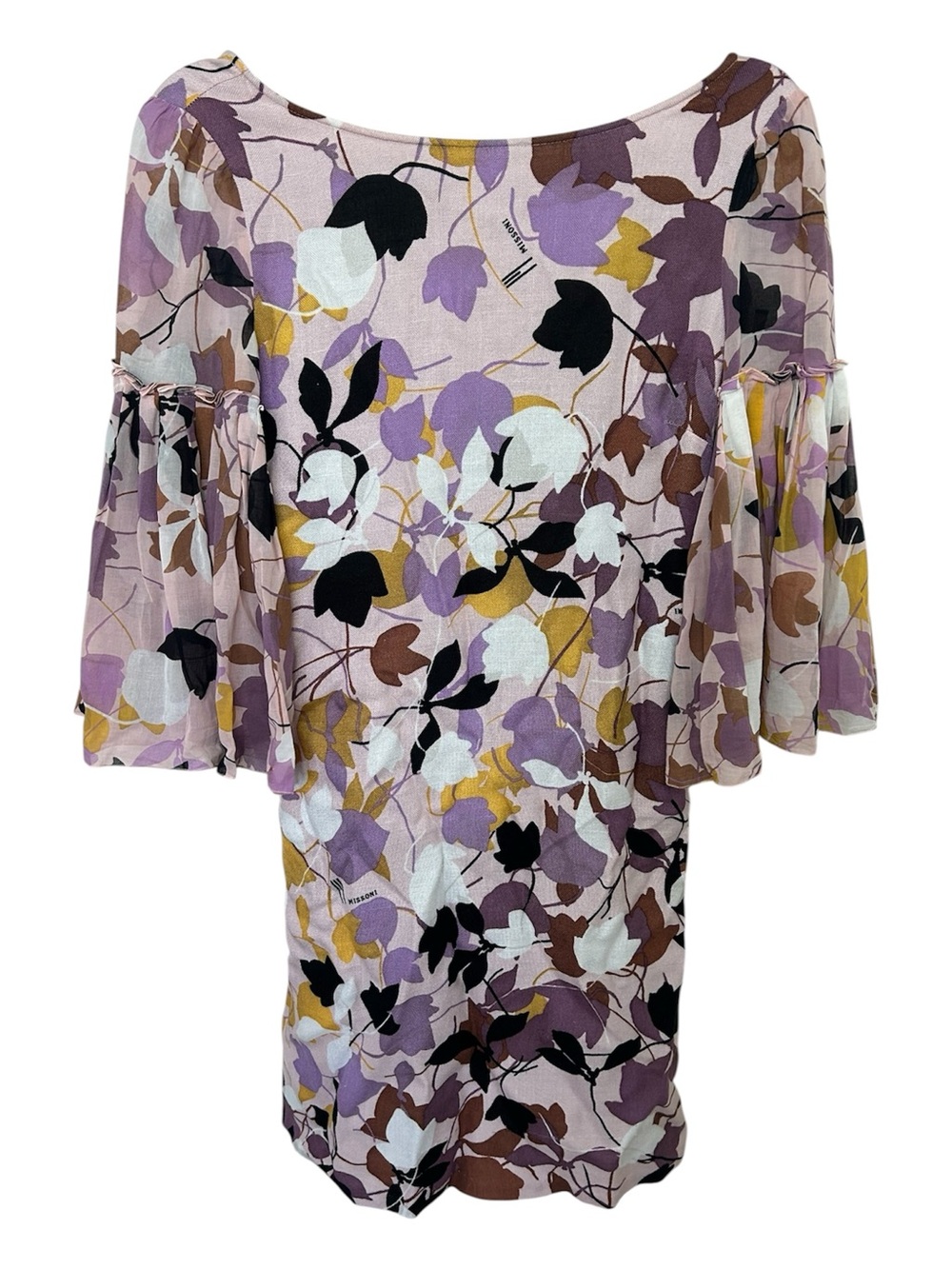 Missoni Floral Shift Mini Dress with Pleated Bell Sleeve Purple and pink